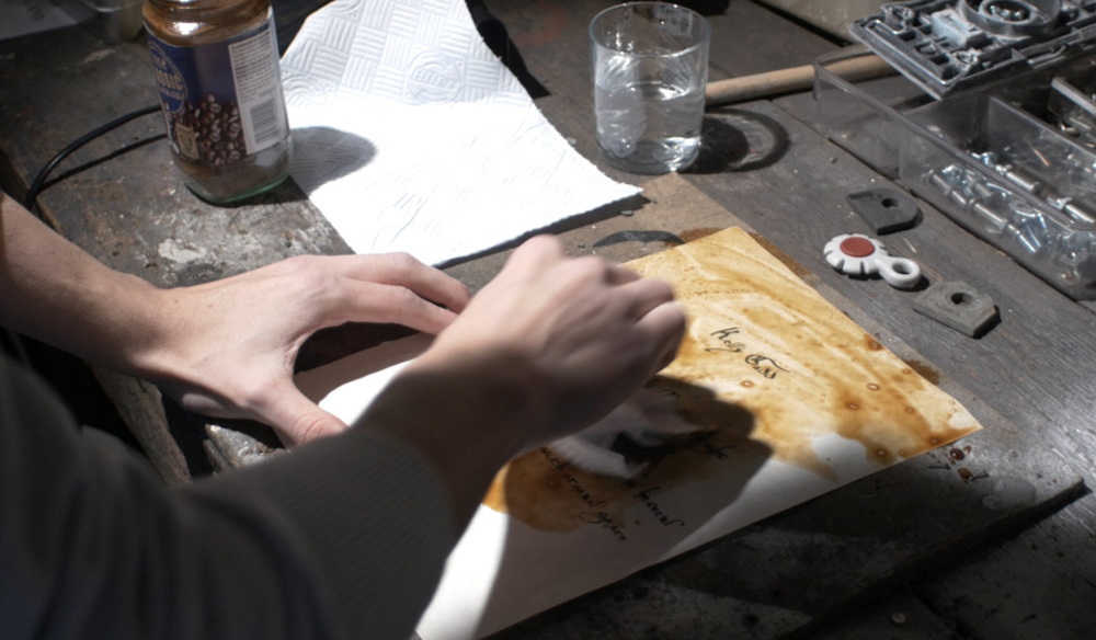 A person rubbing coffee onto parchment paper. 