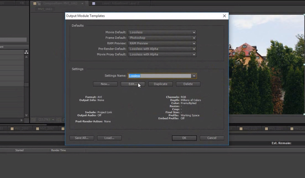 Output Module Templates menu in After Effects.