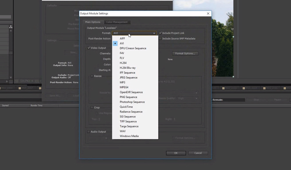 Output Module Settings with the Format drop down menu in After Effects. 