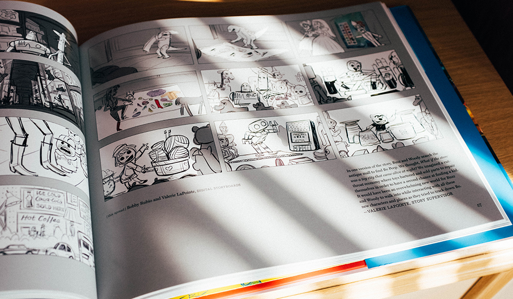 Page from The Art of Toy Story 4 of storyboards and animation process. 