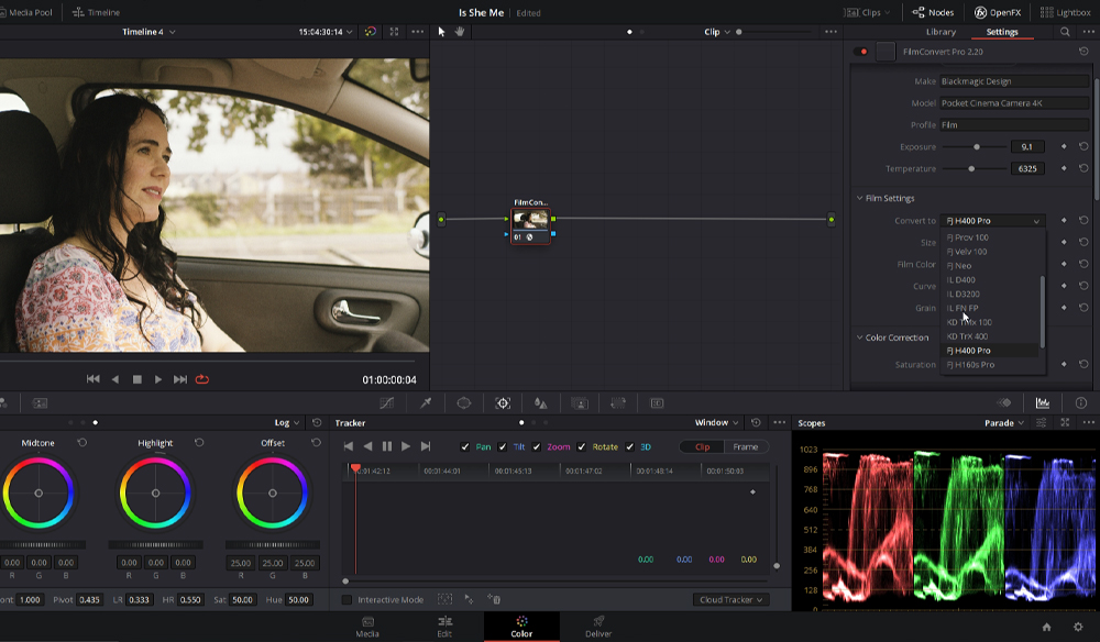 DaVinci Resolve screenshot with drop down menu of the Film Settings.