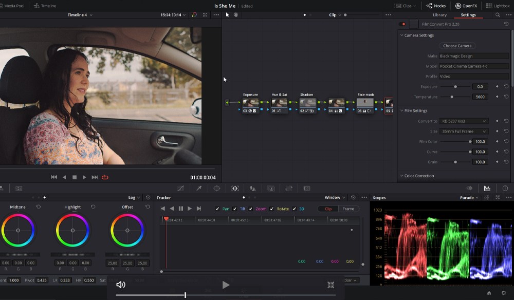 DaVinci Resolve project with a woman sitting in a car 