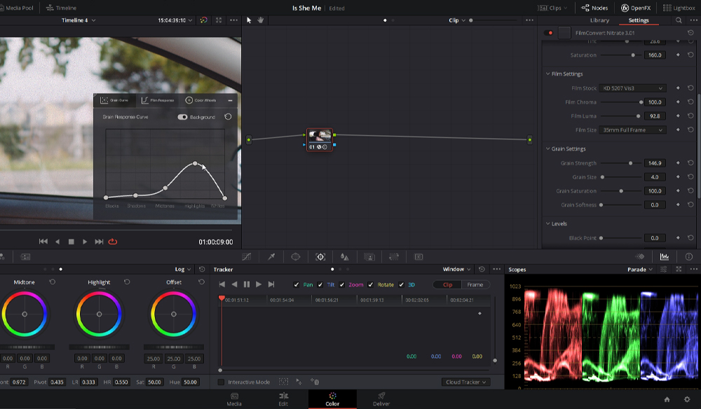 DaVinci Resolve with grain curve graph.