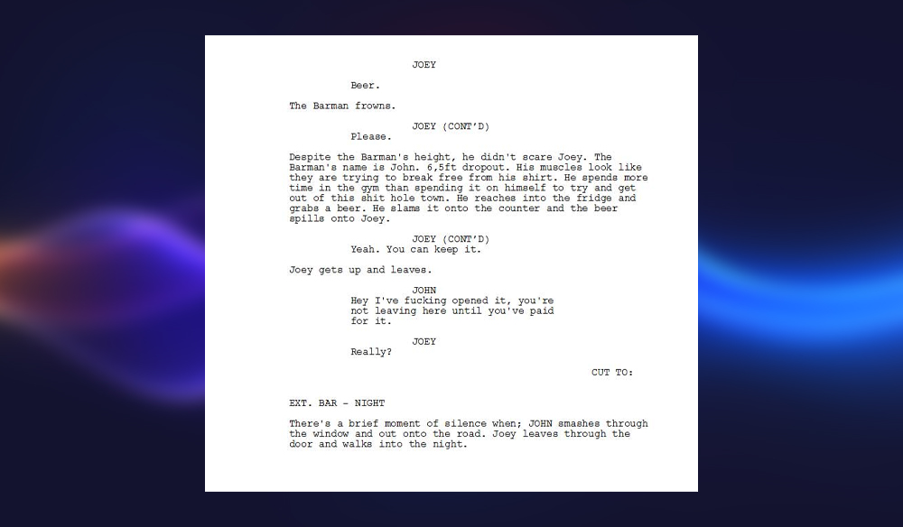 Screenshot of a script describing a barman character. 