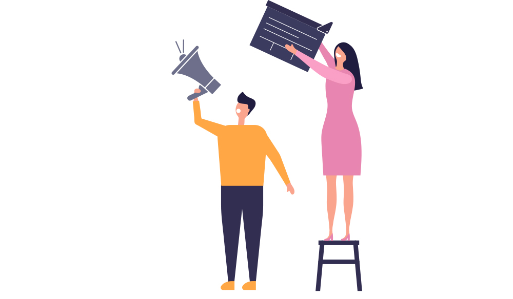 Vector image of a man with a megaphone and a woman with a clapperboard.