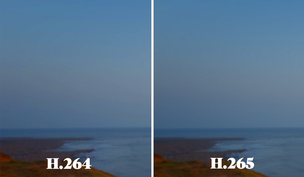 Side-by-side comparion of a cropped image of the coast, one is H.264 render, the other H.265 render. 
