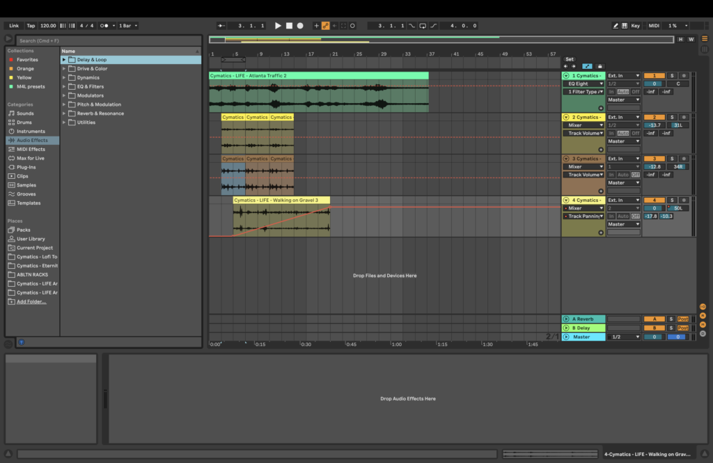 Arrangement view of Ableton live with audio tracks. 