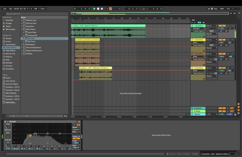 Screenshot of Ableton Live Arrangement view with some audio tracks. 