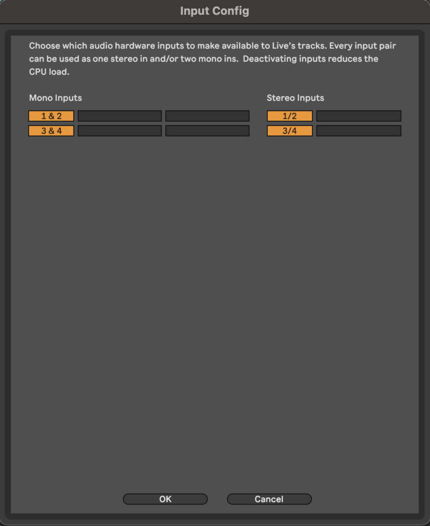 Ableton Live Input Configuration screenshot 