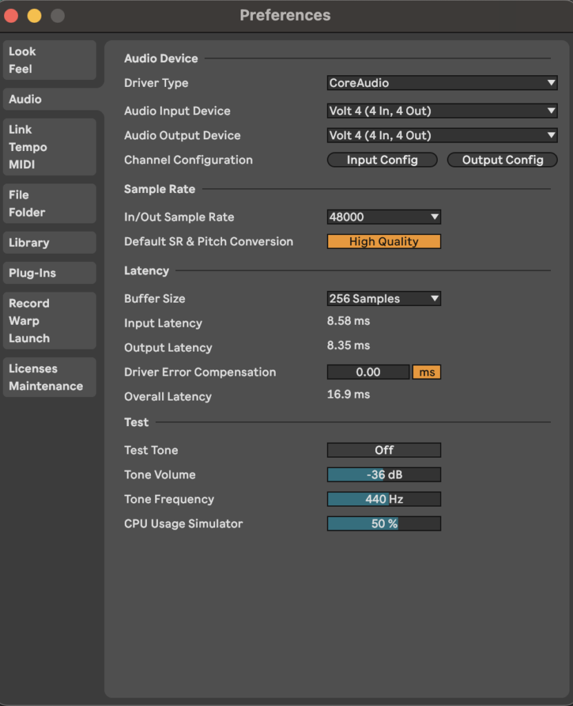 Screenshot of Ableton Live's Preferences menu, displaying the Audio section.