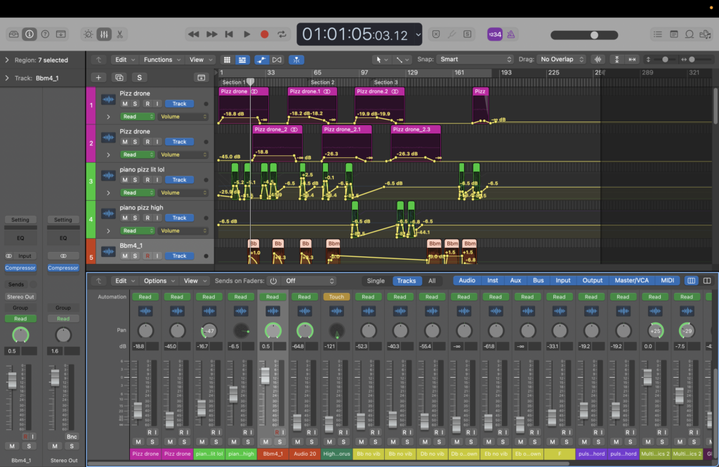 Screenshot of a Logic Pro session with the Mixer view at the bottom of the screen. 