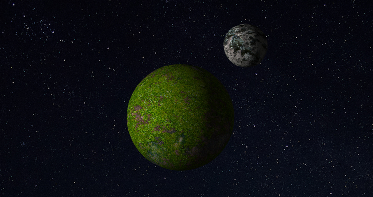 Two planet-like spheres, one that's larger and made of moss and rusted metal, and the other smaller and made of coastal rock