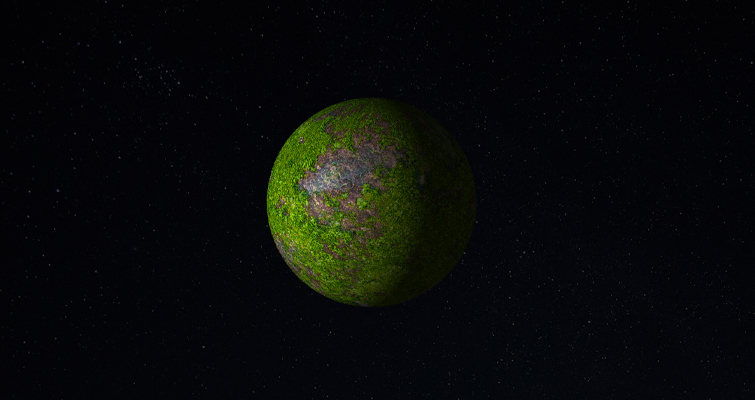 A picture of a sphere in dark space that is made up of moss and rusted metal.
