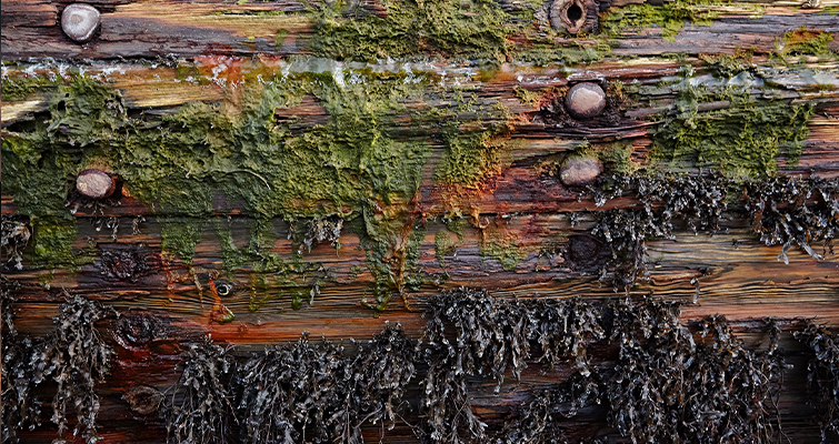 Close-up image of a ship wreckage covered in seaweed, moss and algae. 
