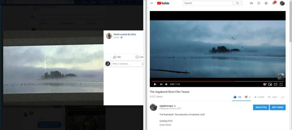 Side-by-side screenshots of a facebook screenshot of a landscape picture on the left, and a YouTube screenshot of the same landscape on the right. 