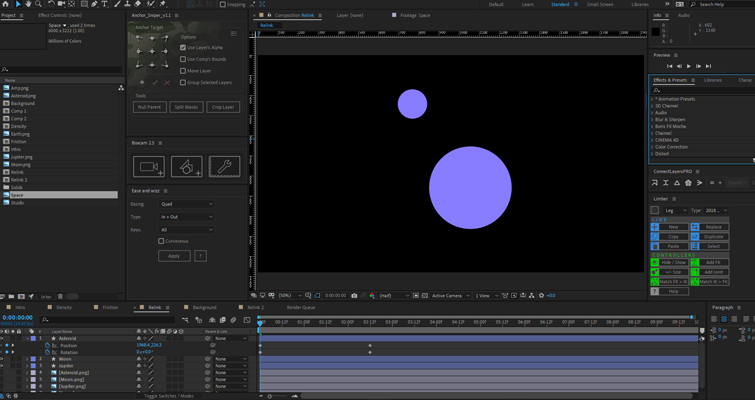 After Effects screenshot with a large and small purple circle in the composition window 