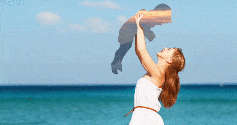 Final Animation of a women holding up her child who has a mask over them of the sunset sky.
