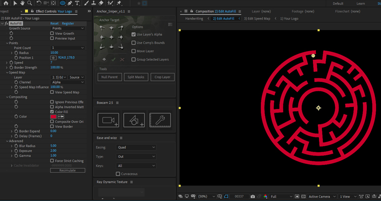 Screenshot of After Effects displaying the AutoFill function and Labyrinth design 