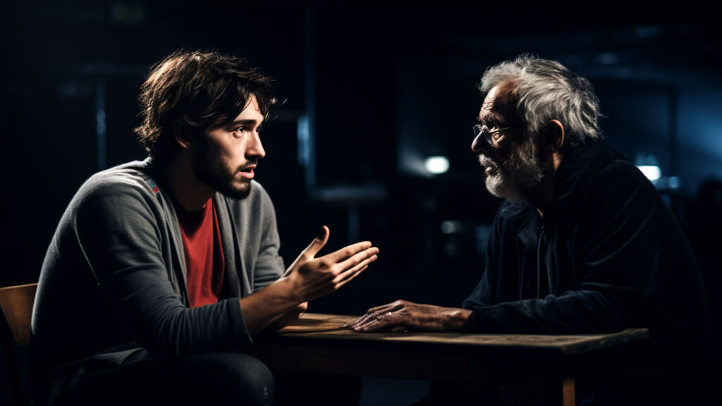 A bearded man having a conversation with an older man sat across a small table