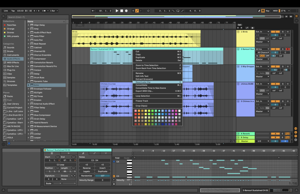 Screenshot of an Ableton Live session in arrangement view, displaying the menu with "Deactivate Clip" highlighted.