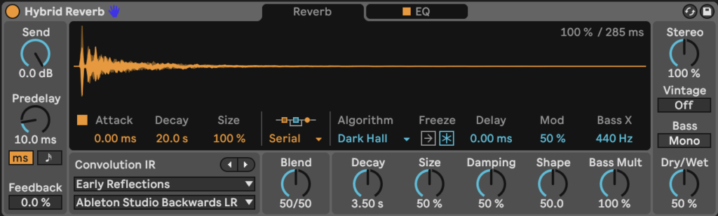 Screenshot of Ableton Live's Hybrid Reverb Plug-in