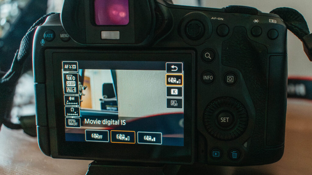 Image of Canon R5 live view showing the In-Body Stabalization options